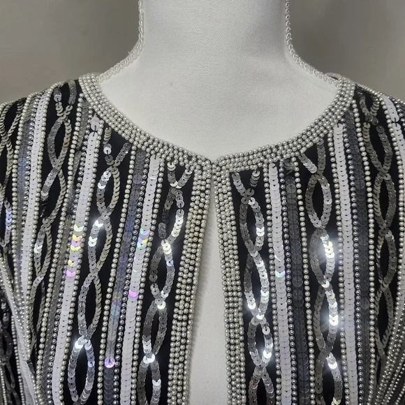 Papell Boutique Vintage 80s Black & Silver Beaded Sequin Silk Evening Jacket - Picture 2 of 13